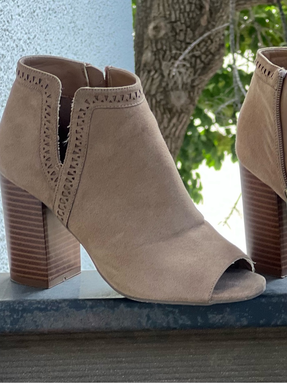 Taupe Suede Open-Toe Block Heel Ankle Booties